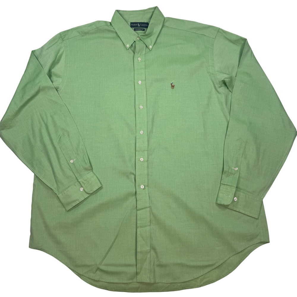 Ralph Lauren Classic Fit Green Button Down Shirt Mens XL 17.5 Long Sleeve Pony